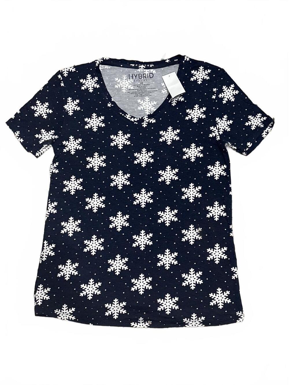 Hybrid Apparel Women's XS Navy Blue Snowflake Pattern V-Neck T-Shirt